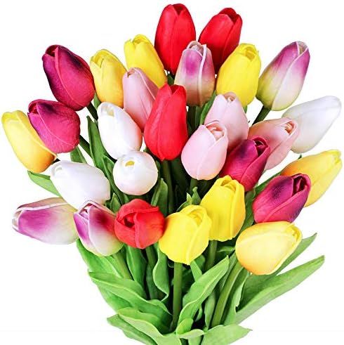 28 Pcs Multicolor Tulips Artificial Flowers Faux Tulip Stems Real Feel PU Tulips for Easter Sprin... | Amazon (US)