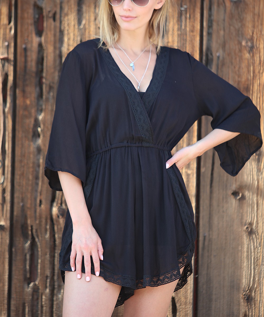 Black Lace-Trim Three-Quarter Sleeve Romper - Women | zulily