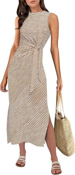 ANRABESS Womens Summer Casual Sleeveless T Shirt Midi Dress Slim Fit Tie Waist Split Tank Long Dr... | Amazon (US)