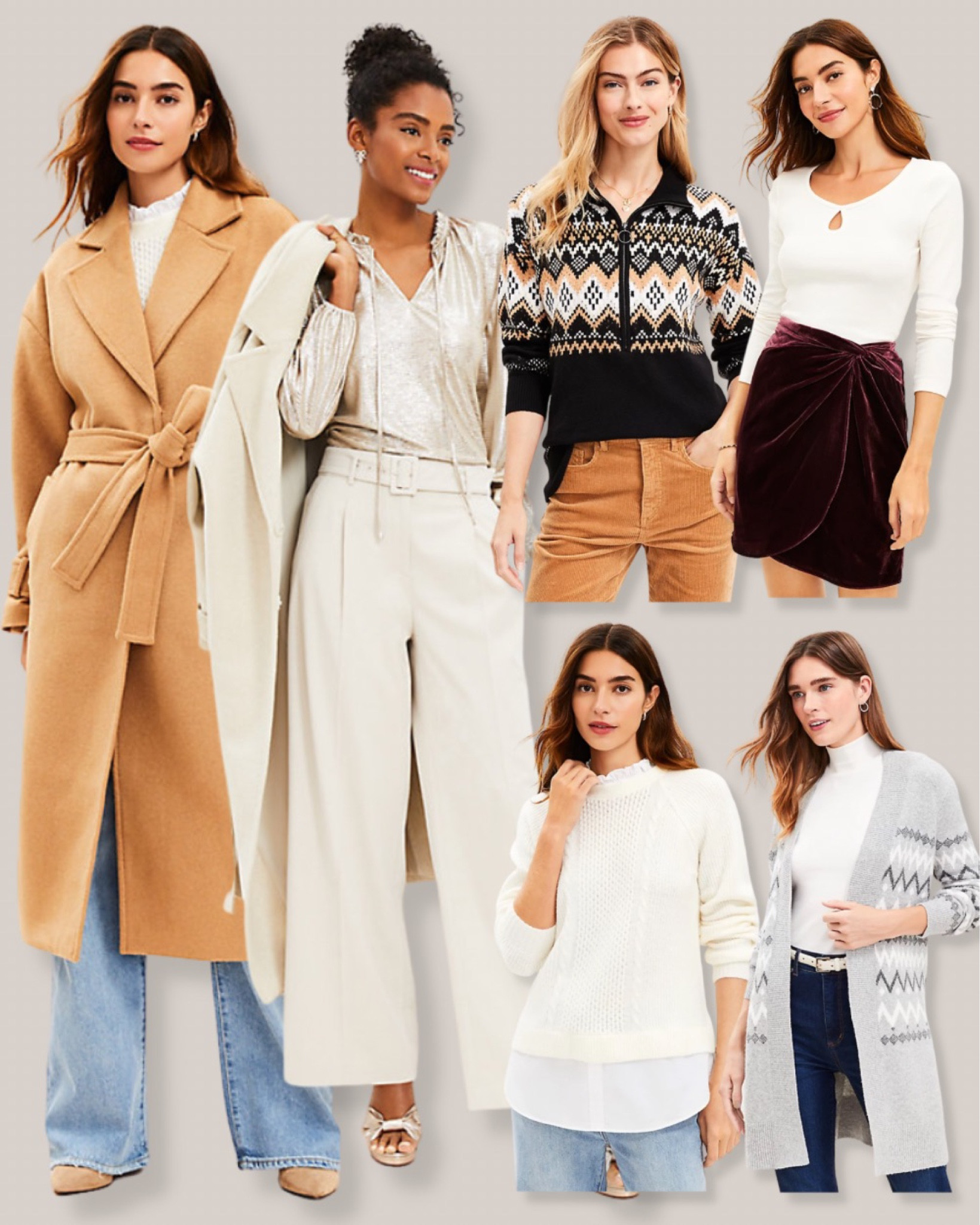 40% OFF EVERYTHING!

Neutral holiday outfits
Neutral winter clothes
LOFT outfits
Camel coat
Cream coat
Gold metallic top
White pants
Fair isle sweater
Blazer quarter zip
Brown corduroy pants
White top
Burgundy velvet skirt
Cream top
Gray cardigan

#LTKsalealert #LTKSeasonal #LTKHoliday