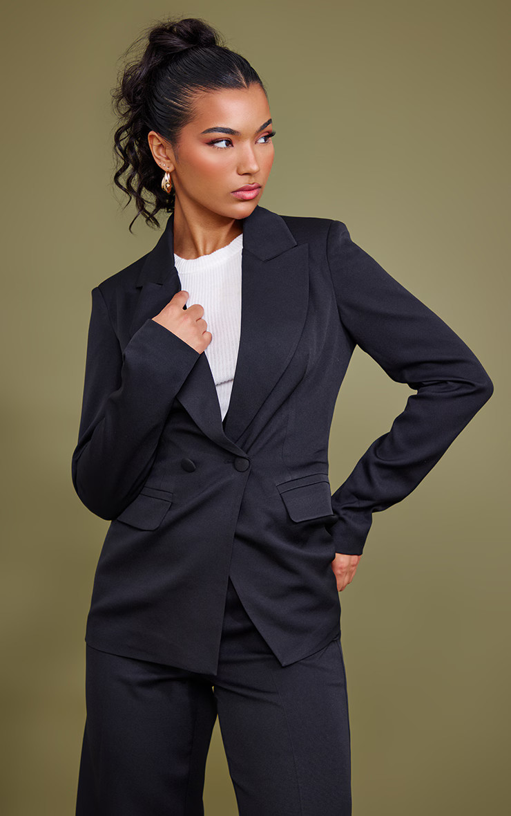 Black Woven Pocket Detail Double Breasted Blazer | PrettyLittleThing CAN