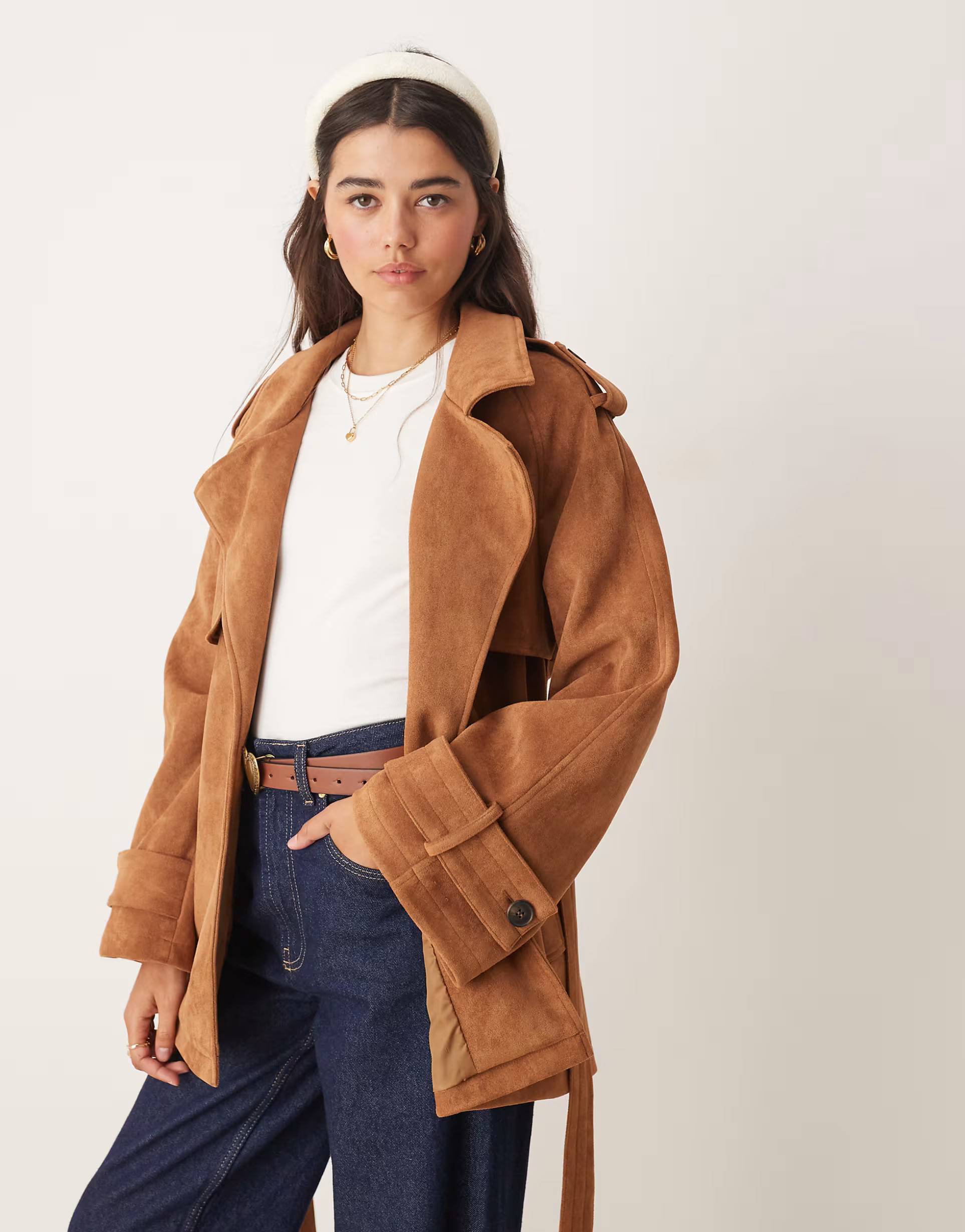 Miss Selfridge suedette mid length trench coat in tan | ASOS (Global)
