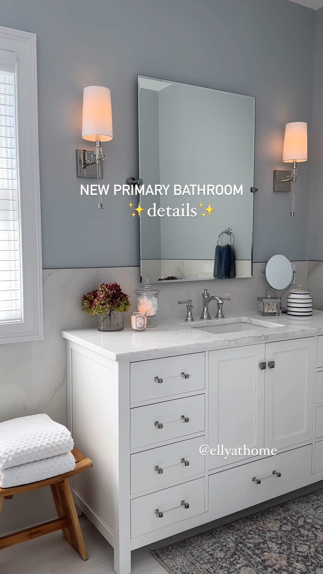 New Primary bathroom details! Sconces on sale, pivot mirror, vanity with or without top, faucet, drawer pulls, towel bar, kohler toilet, rain  shower head, chrome squeegee, amazing plush towels available in more colors, stool, area rug. bathroom accessories. Free shipping. 

#LTKVideo #LTKSaleAlert #LTKHome