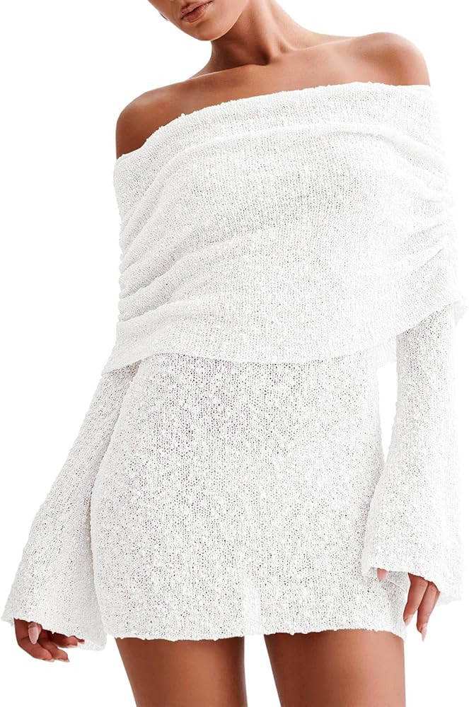 Imily Bela Womens Beach Swimsuit Cover Ups Summer Off The Shoulder Long Bell Sleeve Sheer Mini Dr... | Amazon (US)