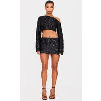 Black Textured Sequin Micro Mini Skirt | PrettyLittleThing US