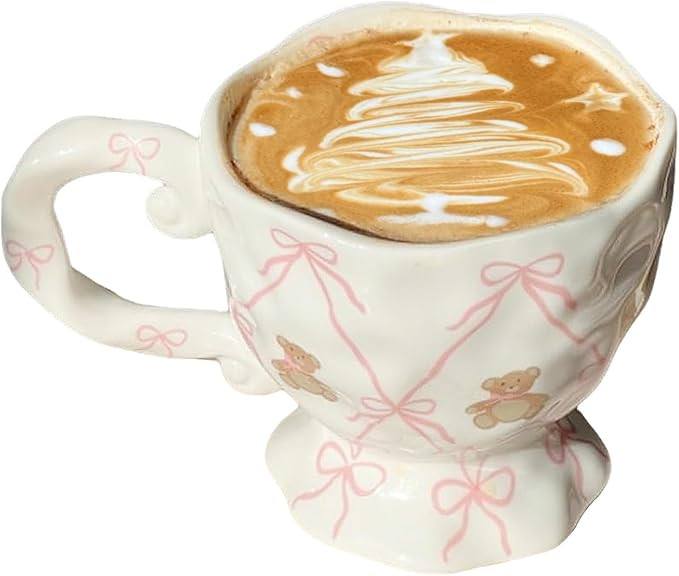 Ceramic Coffee Mug with Pink Bow Cute Bear, Handmade Kawaii Water Cup for Tea Milk Latte Cocoa 14... | Amazon (US)