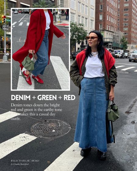 The 3 colour rule outfit ideas:
Denim + green + red

#LTKstyletip #LTKSeasonal