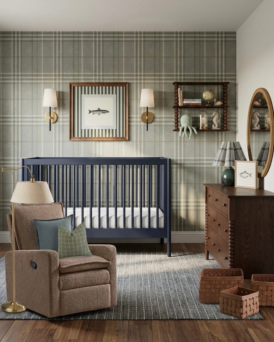 nursery decor, boy's nursery, plaid wallpaper, navy crib, spindle dresser, traditional nursery, fishing nursery theme, classic nursery, textured rug, boucle recliner, nursery inspiration, green nursery, wood dresser, round mirror, woven baskets, wall shelf, gold sconces, pleated lamp shade, nursery design ideas, baby room decor, lake house nursery, moody nursery, cottagecore nursery, antique inspired nursery, gender neutral nursery 

 

#LTKHome #LTKBaby #LTKKids

Comment SHOP below to receive a DM with the link to this post on my LTK ⬇ https://liketk.it/5YTuR