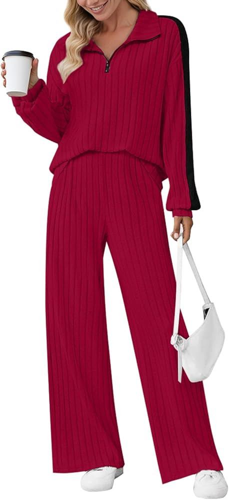 JUSTFASHIONNOW Womens 2 Piece Outfits Ribbed Knit Lounge Sets Cozy Half Zip Sweatsuit Sets Wide L... | Amazon (US)