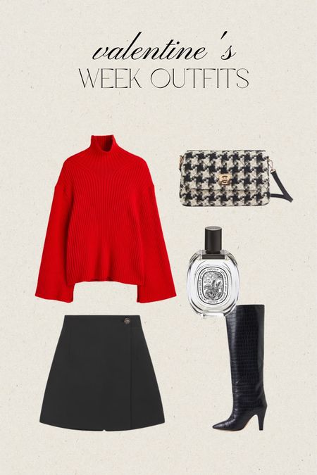 Valentine’s week outfit ideas, oversized turtleneck sweater, skirt, dynamite clothing, diptyque perfume, knee high boots, winter style, casual chic style

#LTKfit #LTKstyletip #LTKunder50