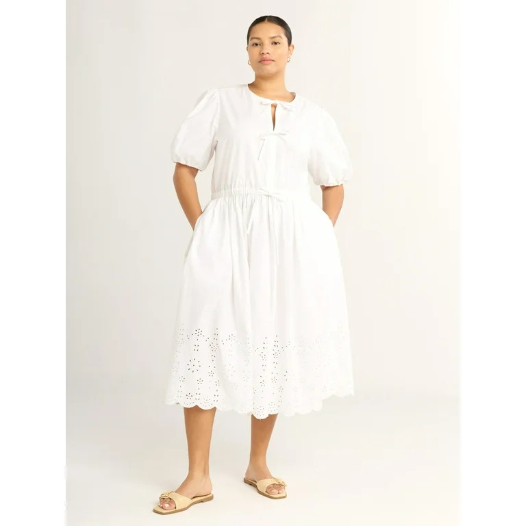 Free Assembly Women's Plus Tie Front Cotton Eyelet Midi Dress with Short Puff Sleeves, Sizes 1X-4... | Walmart (US)