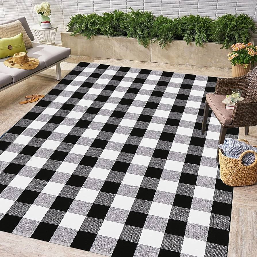 CAINANEL Buffalo Plaid Rugs 5' x 7' Cotton Black and White Check Rug Hand-Woven Indoor/Outdoor Ar... | Amazon (US)