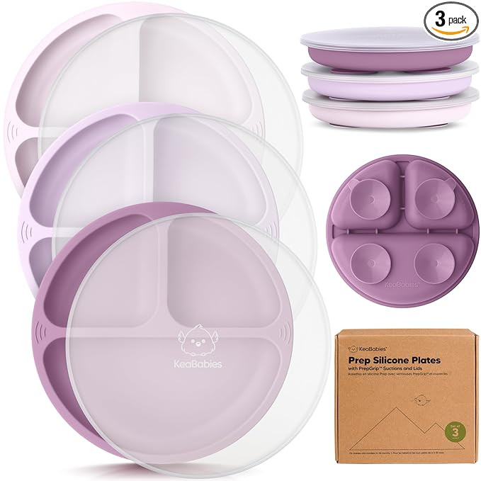 KeaBabies Suction Plates with Lids for Baby - 3-Pack 100% Silicone Toddler Plates with Suction, D... | Amazon (US)