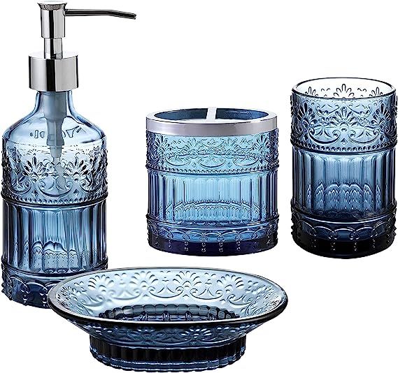 WHOLE HOUSEWARES | Premium Bathroom Accessory Set | 4-Piece Decorative Blue Glass Bathroom Decor ... | Amazon (US)
