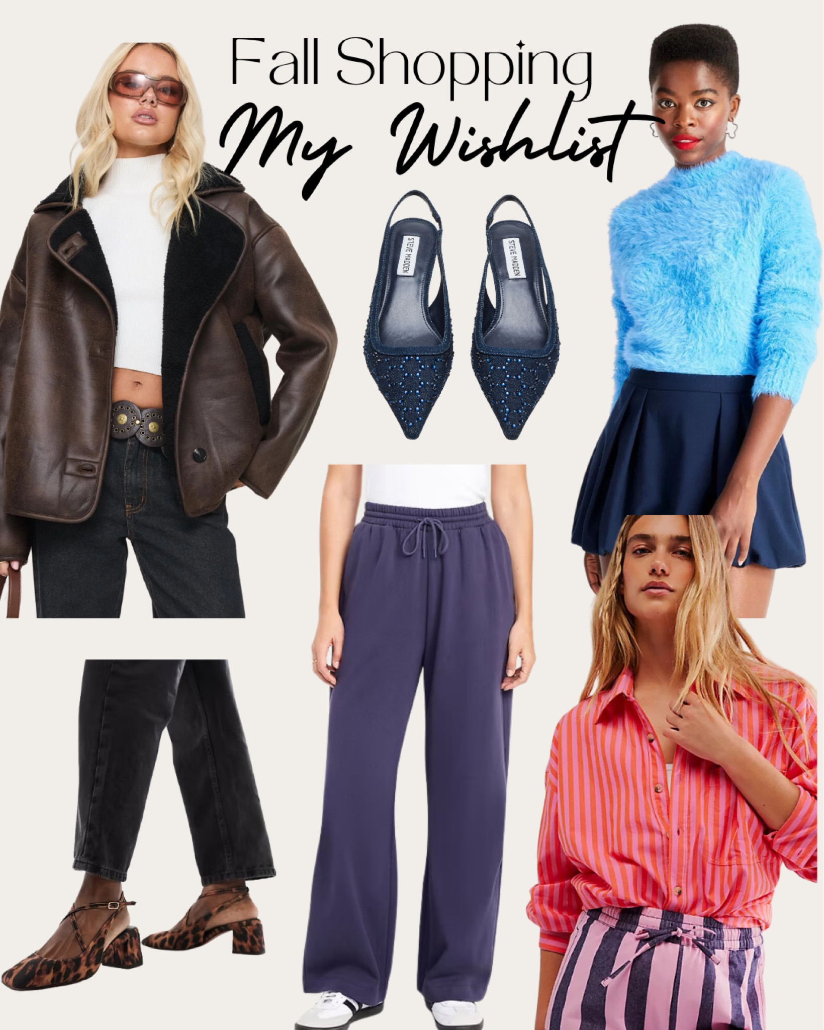 Fall shopping wishlist. Eyelash sweater. Sparkly kitten heels. Leopard block heels. Striped free people button down. Shearling and faux leather aviator jacket. Wide leg sweats