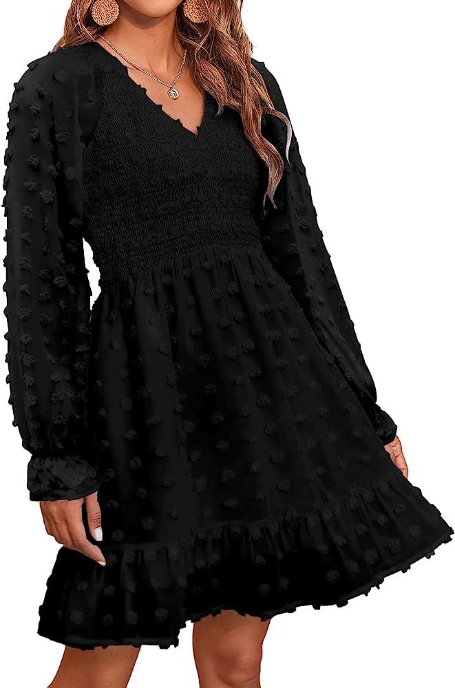 BTFBM Women's Long Sleeve V Neck Smocked Short Dress Cute Flowy Casual Swiss Dot Ruffle Hem Mini Fal | Amazon (US)