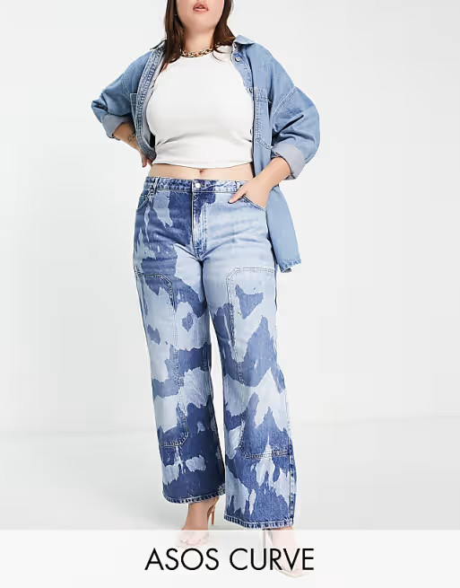 ASOS DESIGN Curve cotton blend low rise 'relaxed' dad jeans in tie dye with utility patches - MBL... | ASOS (Global)