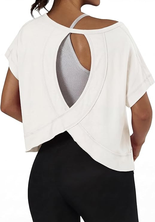 GRECERELLE Women's Open Back Workout Tops Backless Athletic Shirts Casual Crop Running Tee Y2k Yo... | Amazon (US)
