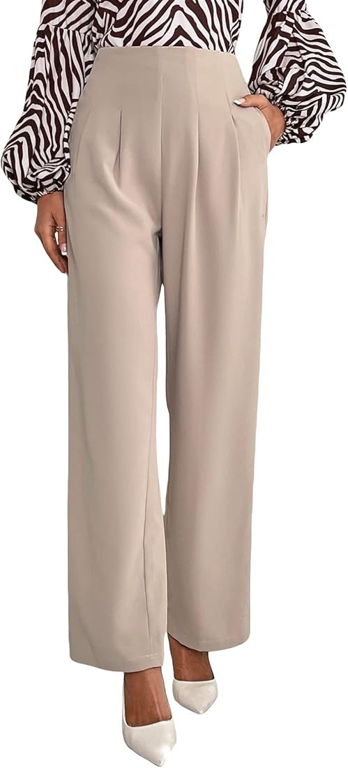 Milumia Women's Pleated Zip Back High Waisted Wide Leg Suit Pants Work Trousers | Amazon (US)