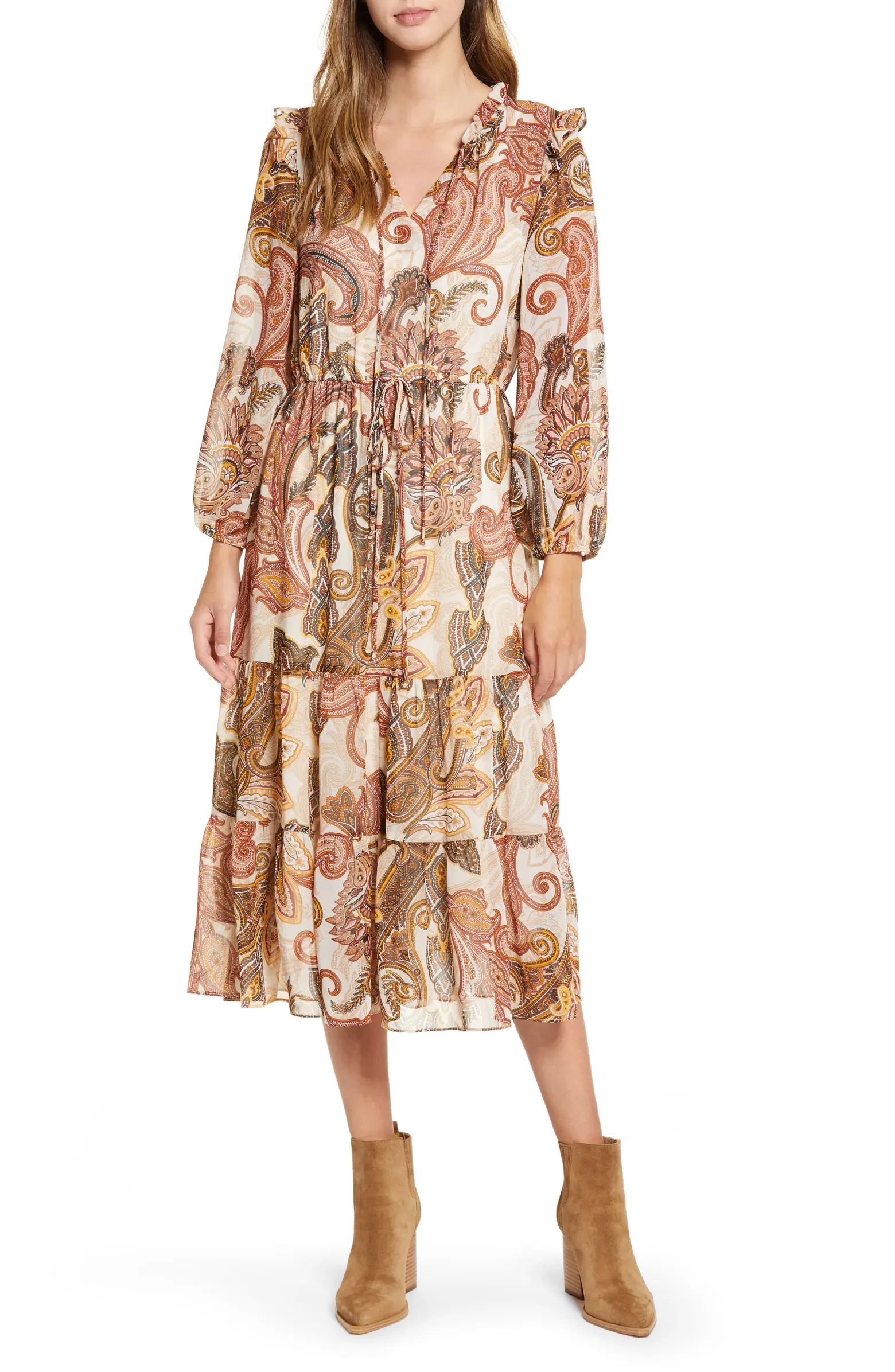 Long Sleeve Tiered Chiffon Midi Dress | Nordstrom