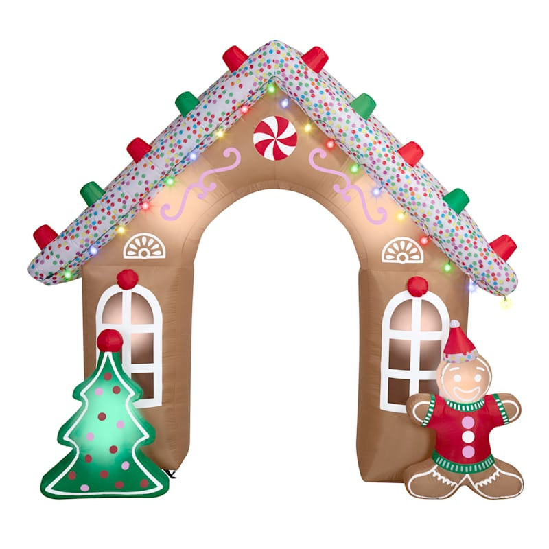 Lighted Gingerbread House Archway Inflatable, 8.5', Brown, Fabric, sold by At Home | At Home