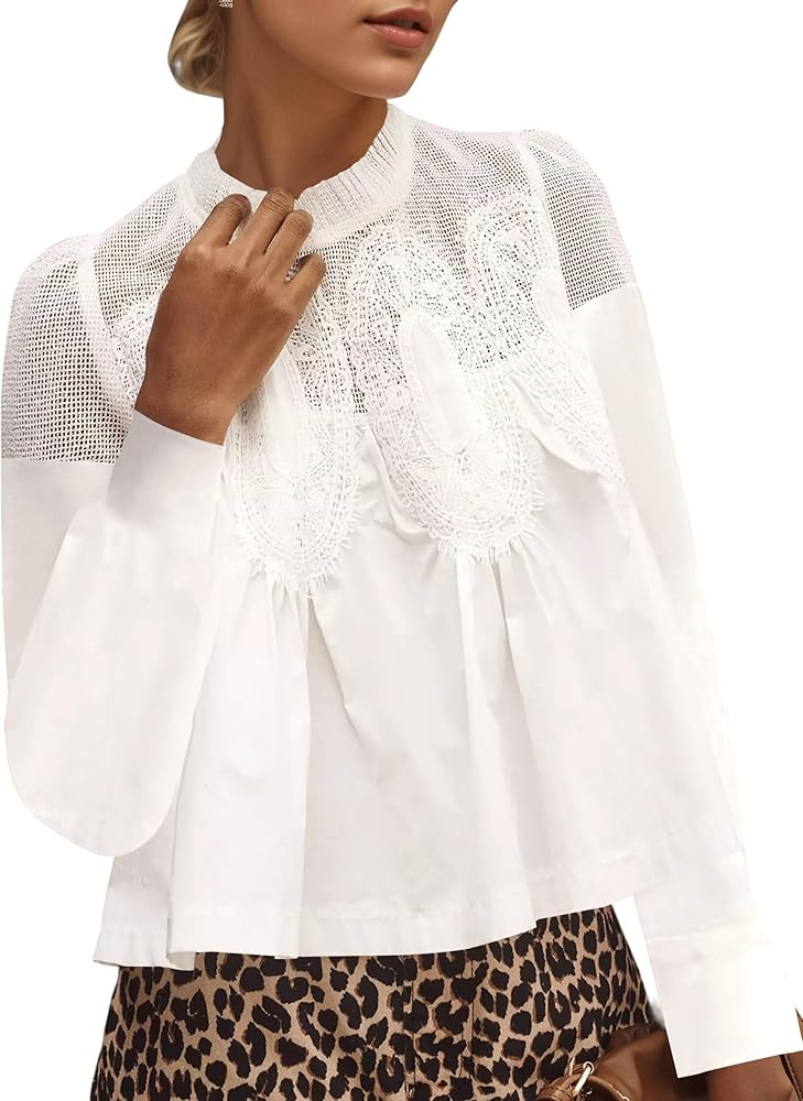 Women’s Lace Flared Short Sleeve Blouse Lace Poplin Ruffle Mesh Crew Neck Swing Babydoll Tops E... | Amazon (US)