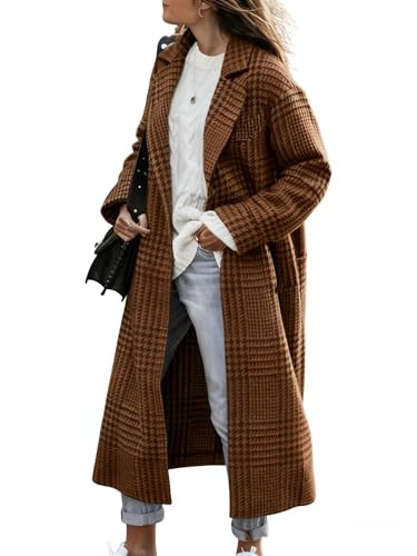 utcoco Women's Houndstooth Long Wool Coat Lapel Collar Button Down Loose Casual Winter Plaid Outerwear (Large, Coffee) | Amazon (US)