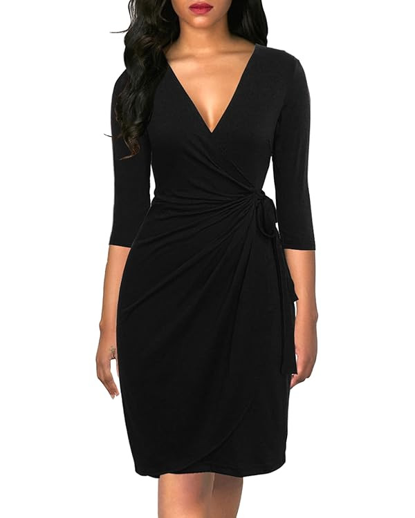Berydress Women's Classic 3/4 Sleeve V Neck Sheath Casual Party Work Faux Black Wrap Dress | Amazon (US)