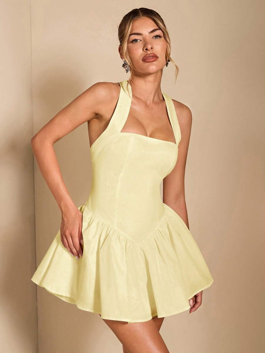SHEIN BAE Women's Pale Yellow Summer Elegent Birthday Party Square Neck Halter Backless Pleated M... | SHEIN