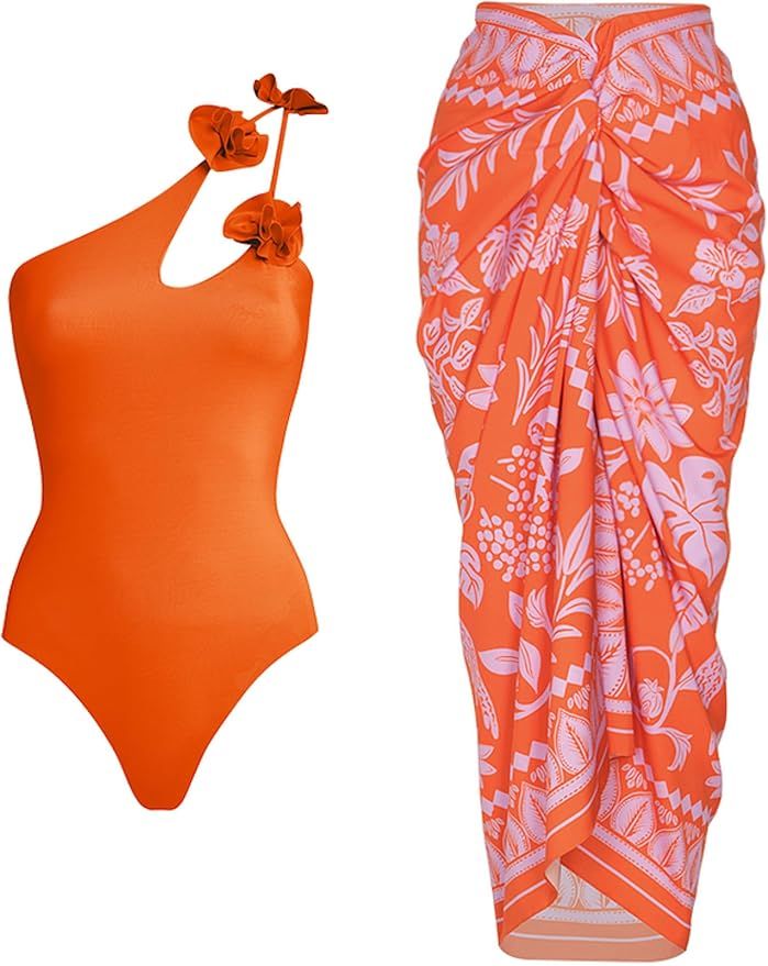 FLAXMAKER 3D Flower Orange One Shoulder One Piece Print Swimsuit and Sarong | Amazon (US)