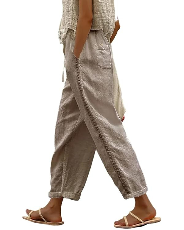 Cotton Linen Capri Pants for Women Summer Casual Solid Color Drawstring Waisted Pants Lightweight... | Amazon (US)