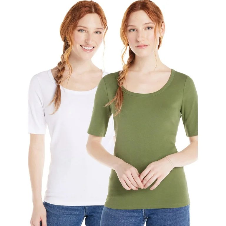 Time and Tru Women's Ribbed Cotton T-Shirt with Elbow Sleeves, 2-Pack | Walmart (US)