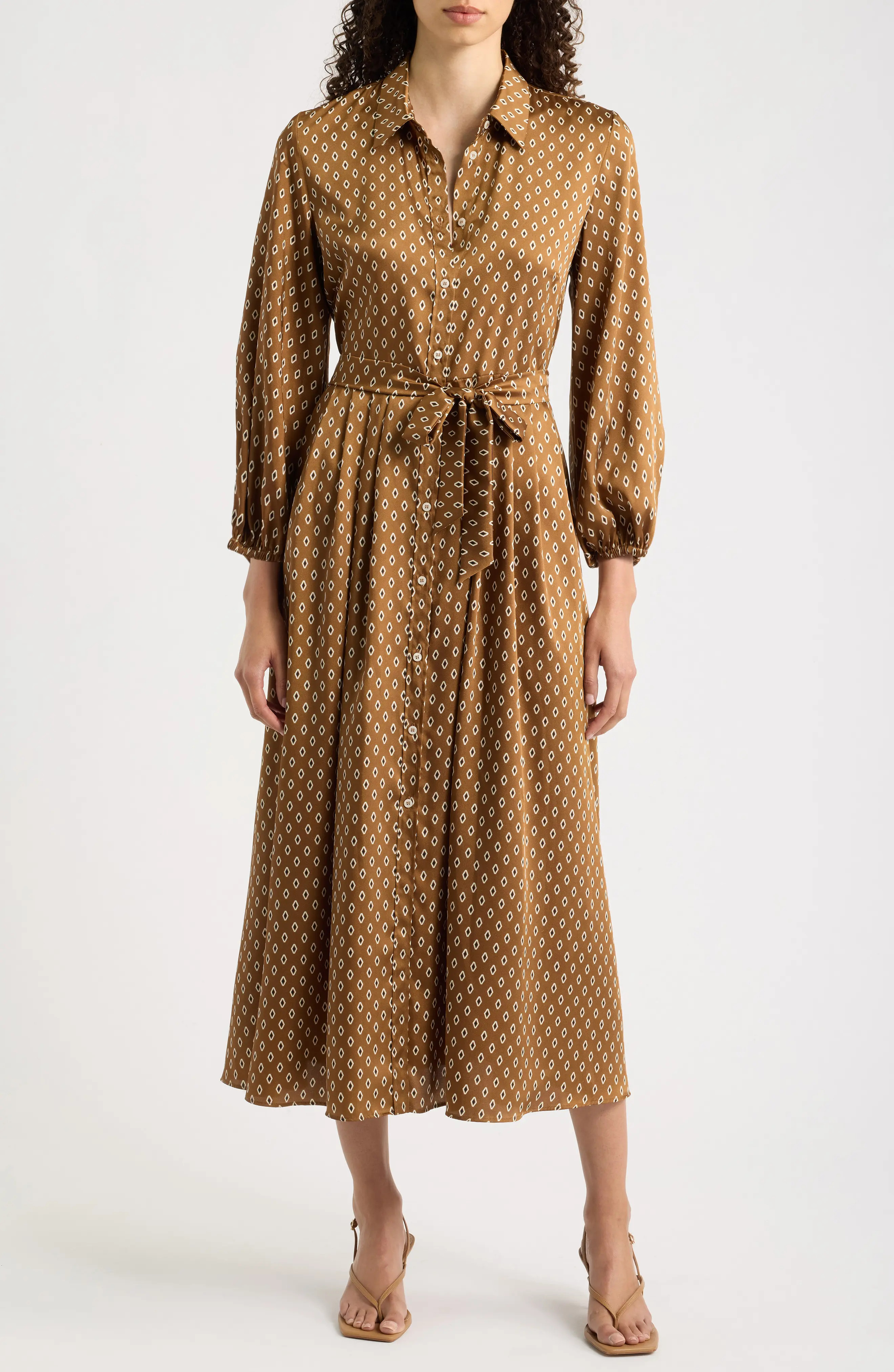 Emme Passo Geometric Long Sleeve Midi Shirt Dress in Burnt Brown at Nordstrom, Size 6 | Nordstrom