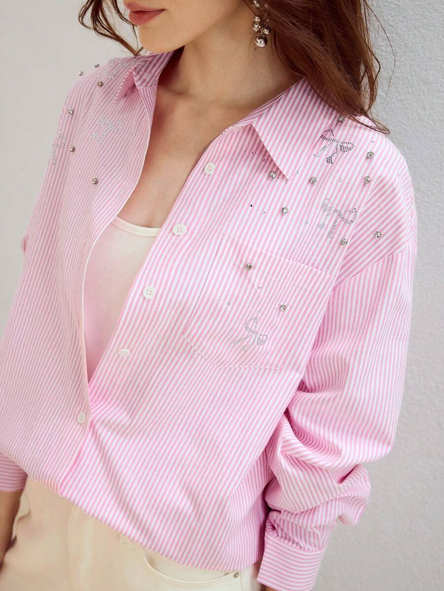 MOTF PREMIUM STRIPED PRINT RHINESTONE DETAIL SHIRT | SHEIN