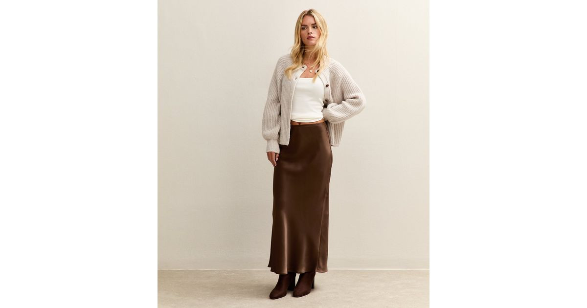 Petite Brown Satin Midi Skirt | New Look | New Look (UK)