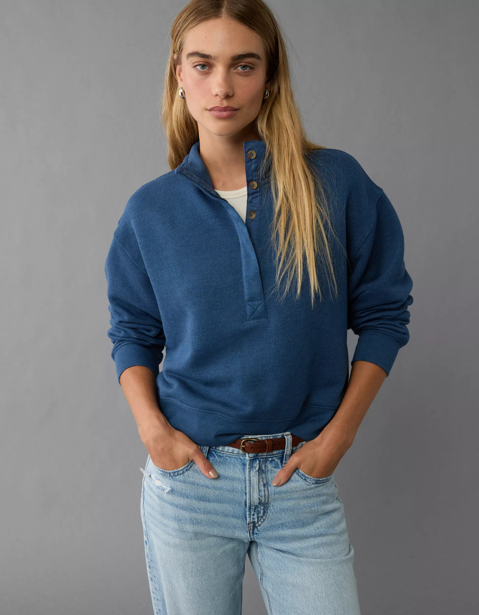 AE Cropped Henley Fleece Sweatshirt | American Eagle Outfitters (US & CA)