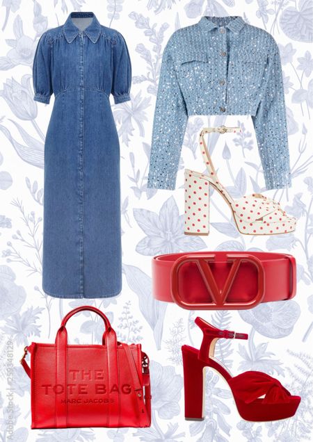 Denim dress and jacket accessories with red shoes, belt and hand bag. 

#LTKshoecrush