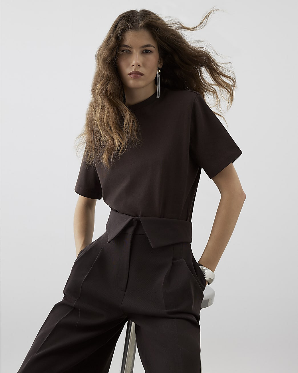 RI Studio Brown Shoulder Pad Bodysuit | River Island UK & IE