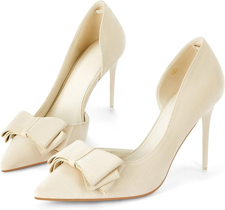 Womens Bow Heels Closed Pointed Toe Dress Shoes Stiletto Slip on Wedding Pumps | Amazon (US)
