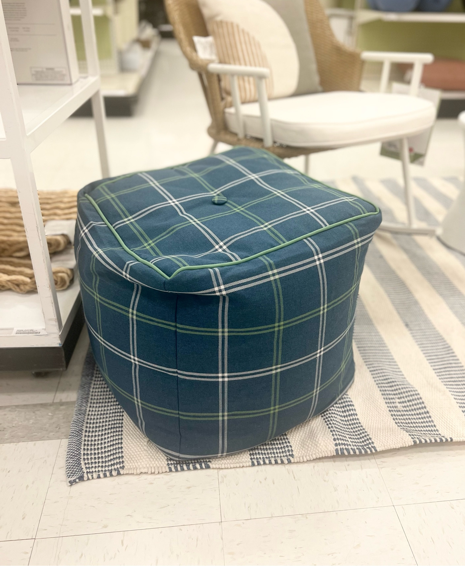 Outdoor plaid poof 
#target #targethome #outdoor #ottoman 

#LTKSeasonal #LTKhome #LTKfindsunder100