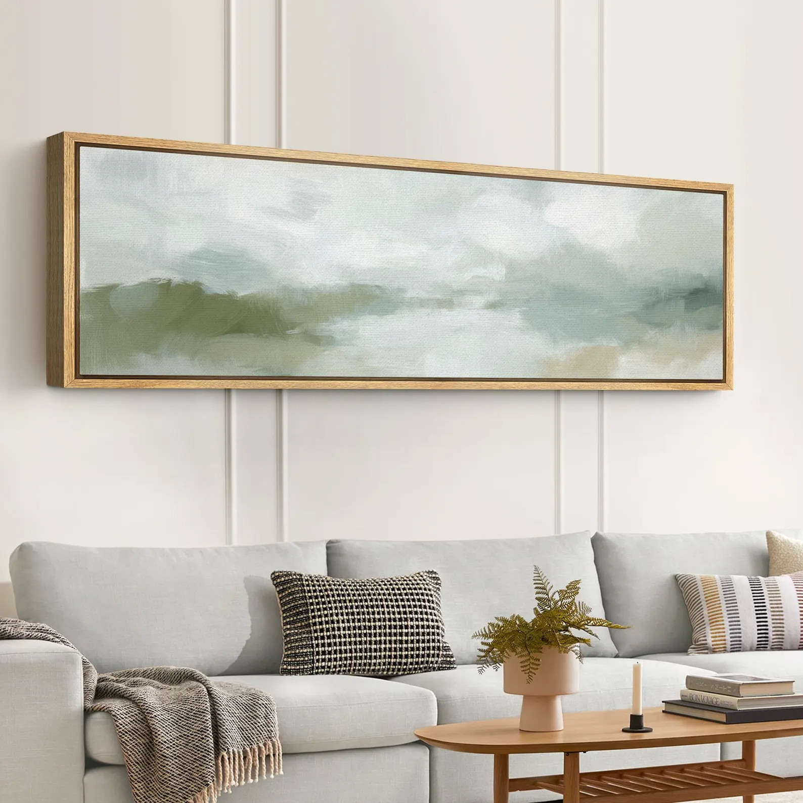 Soft Abstract Landscape Wall Art - Large Framed Canvas Print, Minimalist Green & Beige Nature Pai... | Etsy (US)