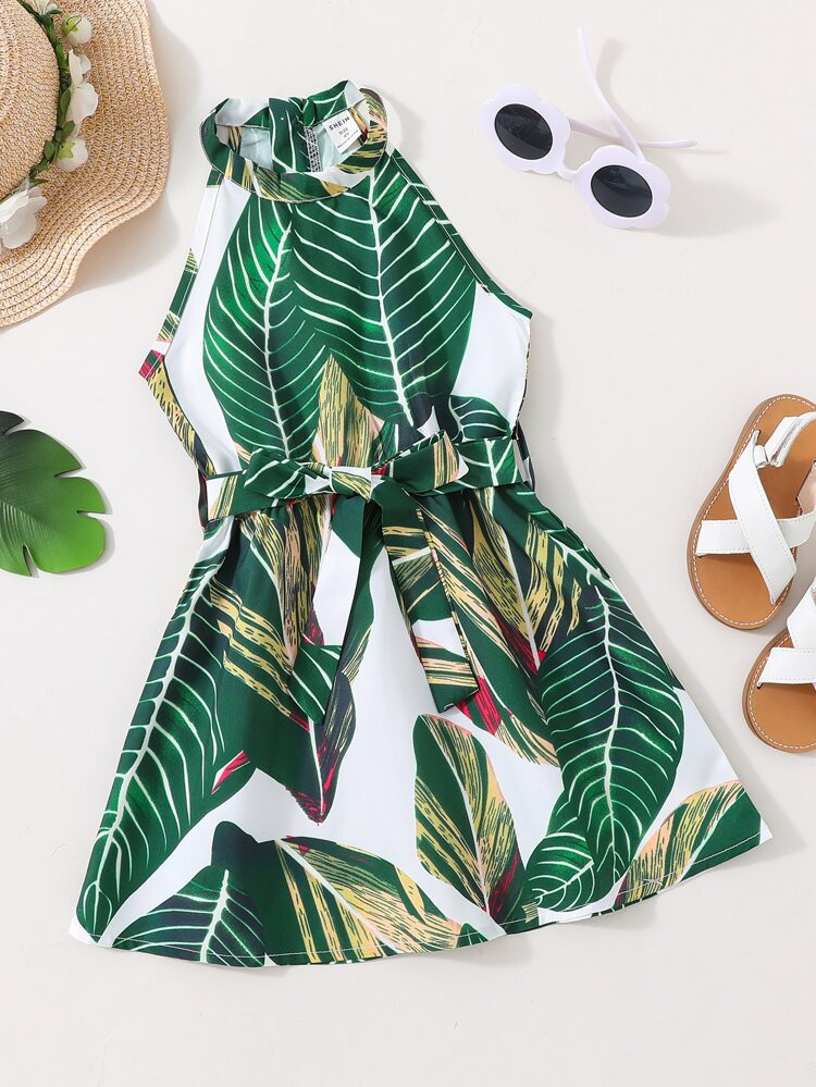 Toddler Girls Tropical Print Halter Neck Belted Dress | SHEIN
