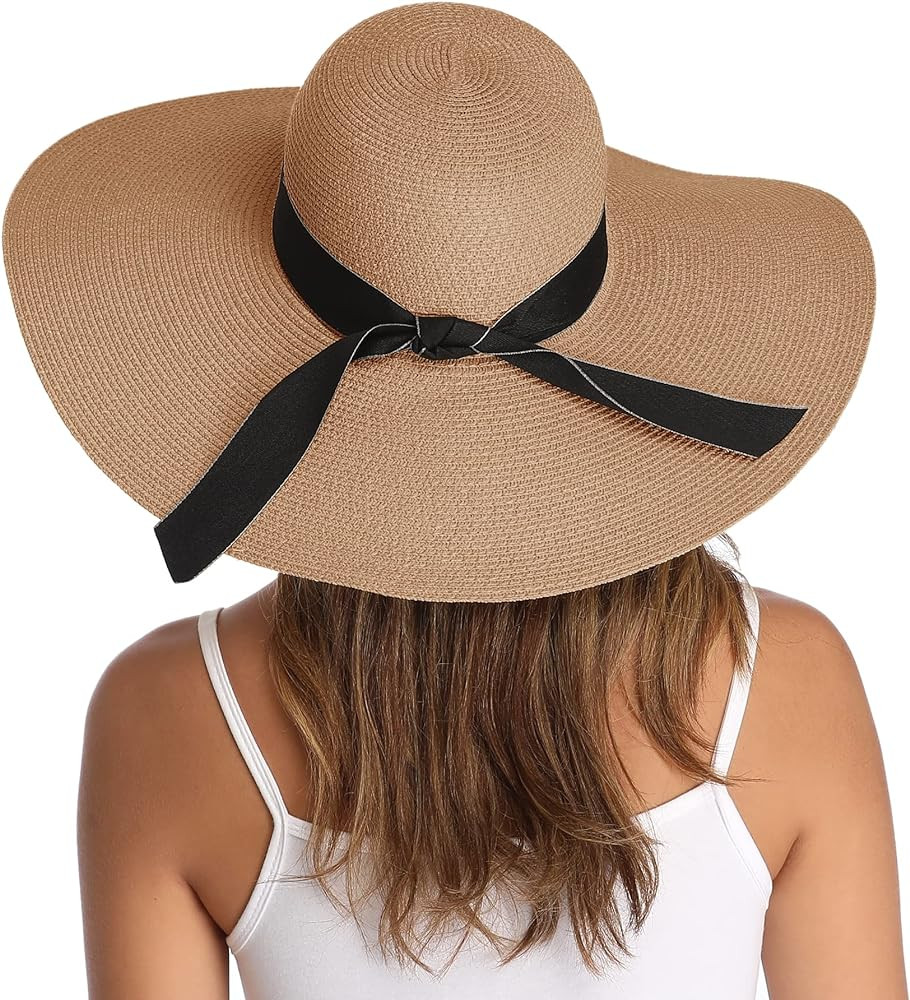 Lanzom Womens Wide Brim Straw Hat Big Floppy Foldable Roll up Cap Beach Sun Hat UPF 50+ | Amazon (US)