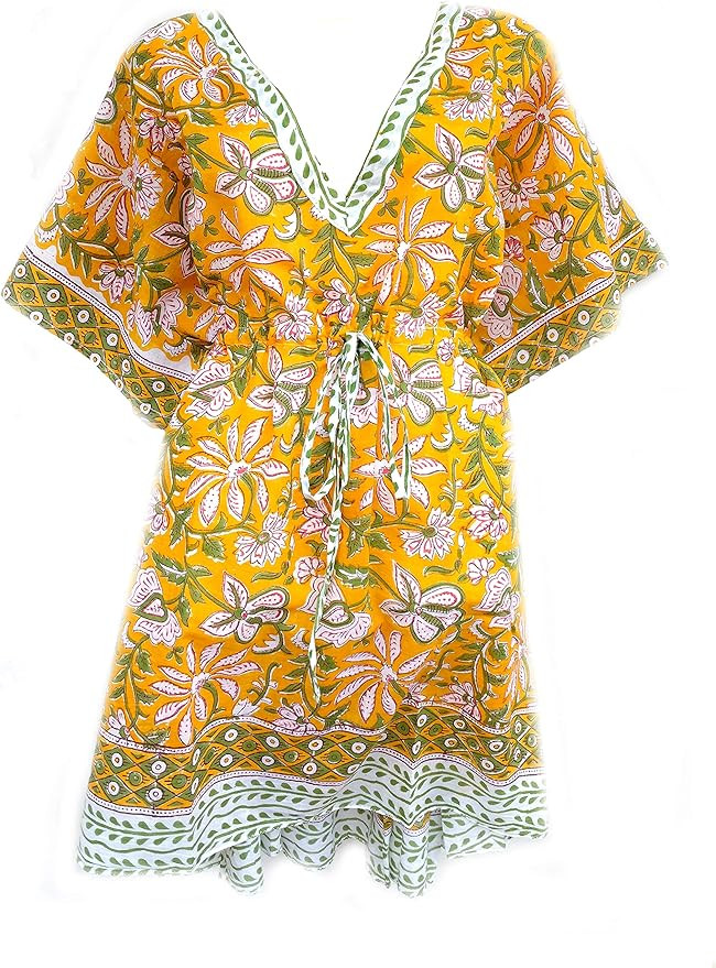 100% Cotton Hand Block Print Kaftan Women’s Apparel Fabric Print Swimsuit Cover-up Beach Kaftan... | Amazon (US)
