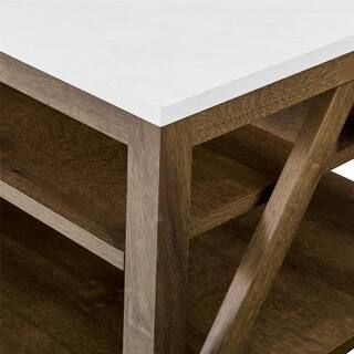 Welwick Designs 48 in. Faux White Marble/Natural Walnut Large Rectangle Wood Coffee Table with Sh... | The Home Depot