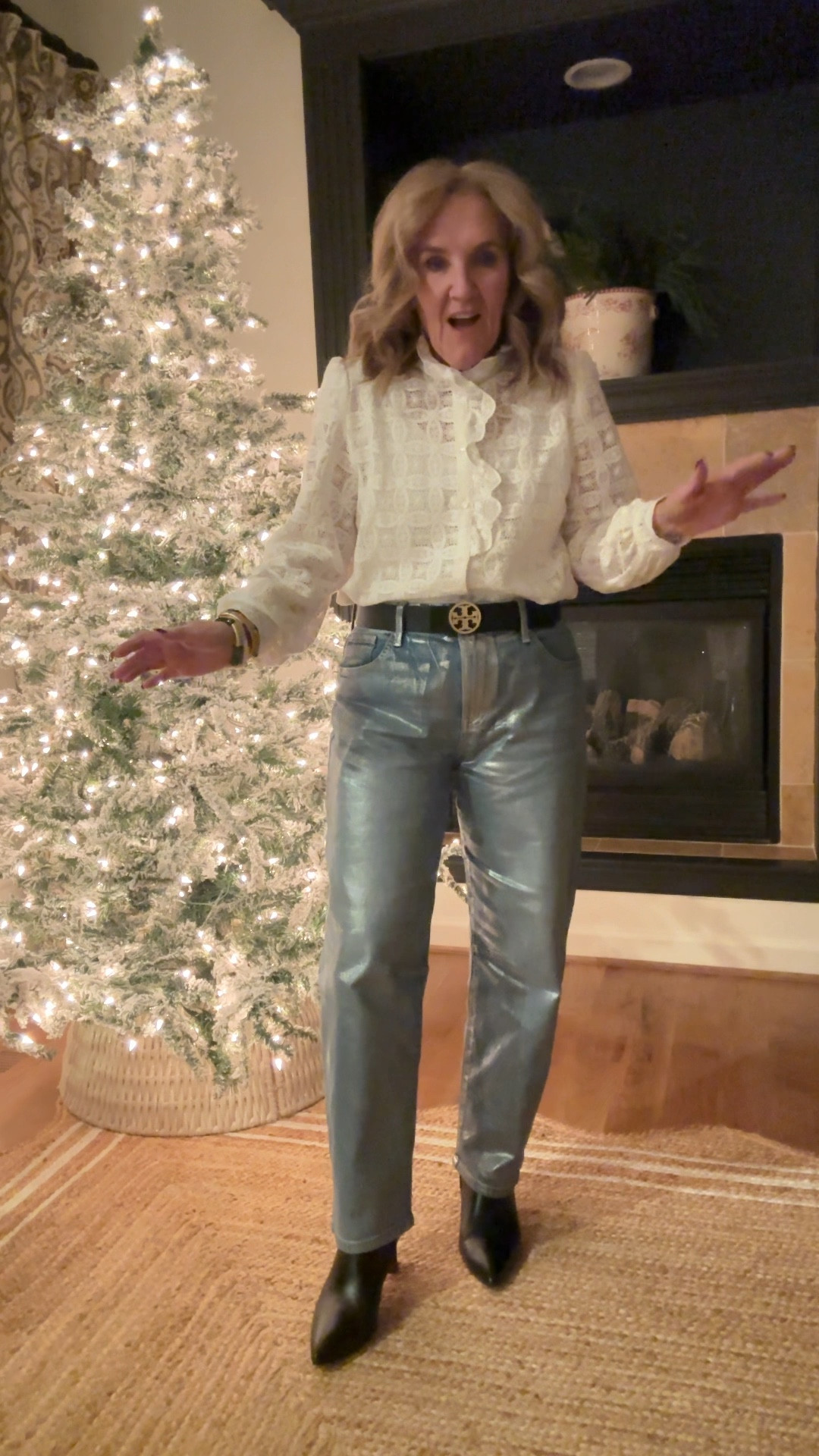 Jeans size 8
Blouse size 10
Boots size up 1/2 
Belt true to size 

Lace, blouse, barrel, jeans, silver, jeans, foil, jeans, black boots, tall, black boots

#LTKOver40 #LTKHoliday #LTKWatchNow
