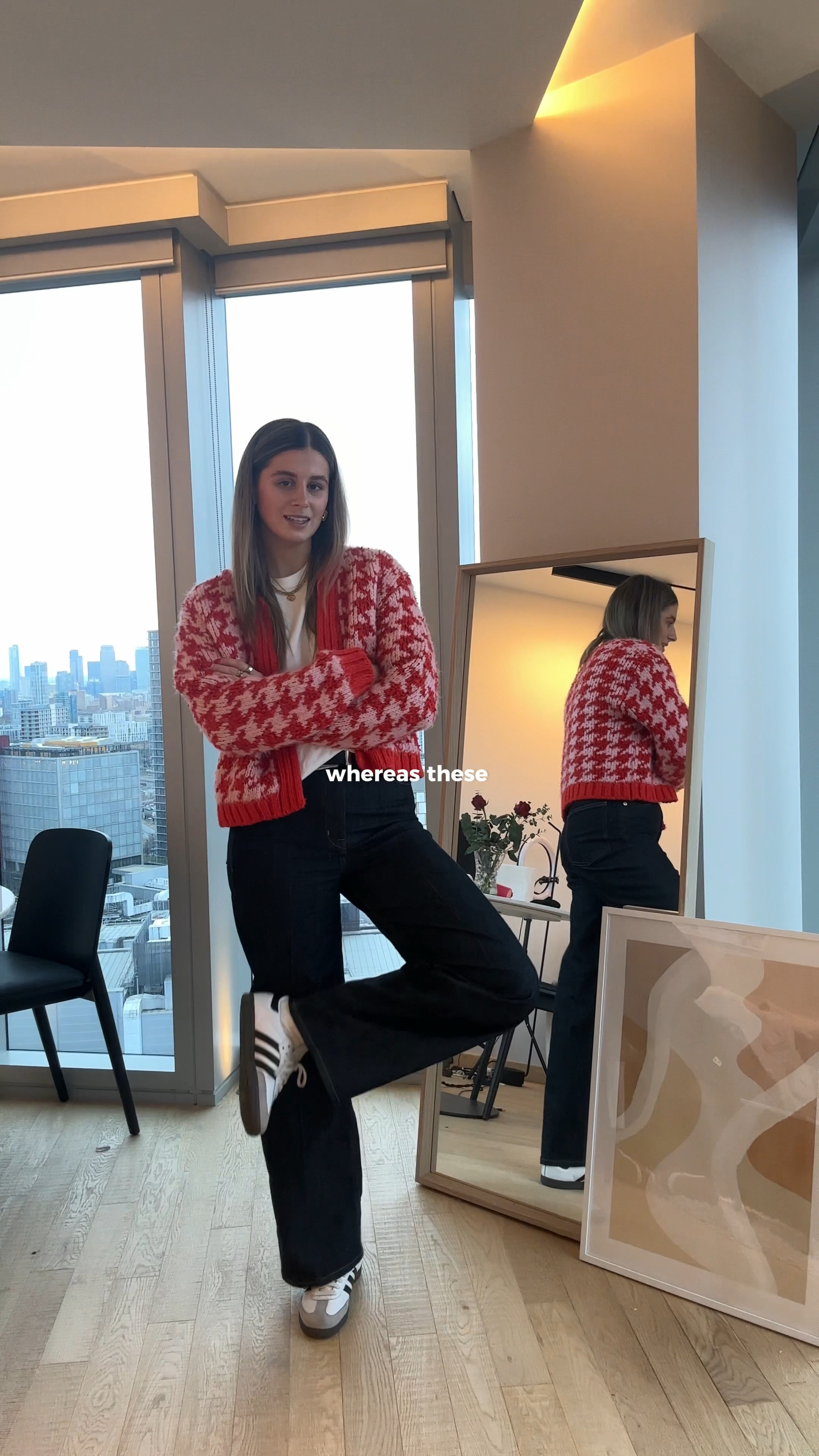 dark blue denim wide leg jeans, white tshirt, pink and red knit cardigan, grey coat, white trainer

#LTKSeasonal #LTKworkwear #LTKstyletip