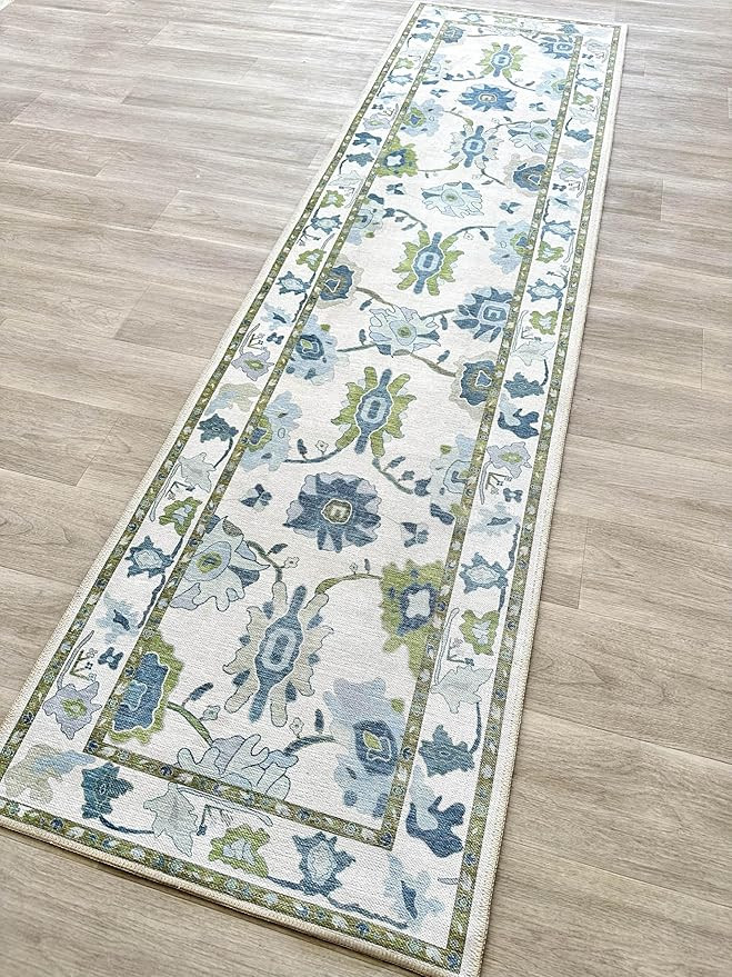 Green Oushak Runner Rug, Modern Runners, Vintage, Turkish, Eclectic, Floral, Pastel, Washable, Lo... | Amazon (US)
