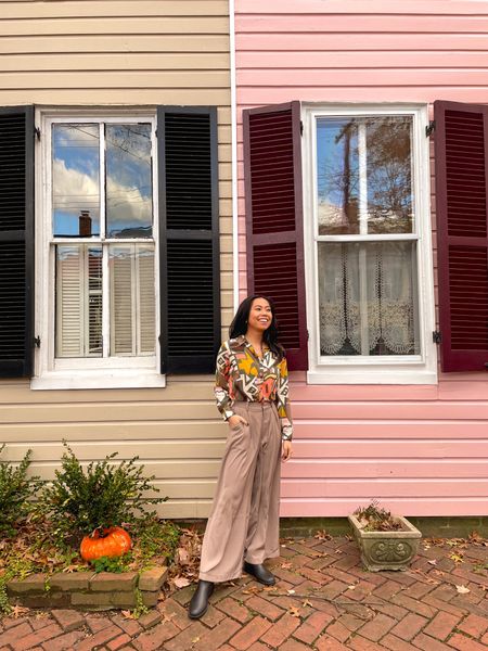 Fall fashion is here with geometric and colorful button up blouses and loose wide leg trousers! Pair it with a classic black boot and you’re ready for exploring and traveling this season! 

#LTKfindsunder50 #LTKsalealert #LTKtravel