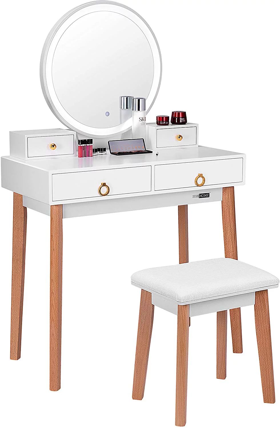 VIVOHOME Vanity Set with 3-Color Touch Screen Dimmable Lighted Metal Mirror, Makeup Table with Dr... | Walmart (US)